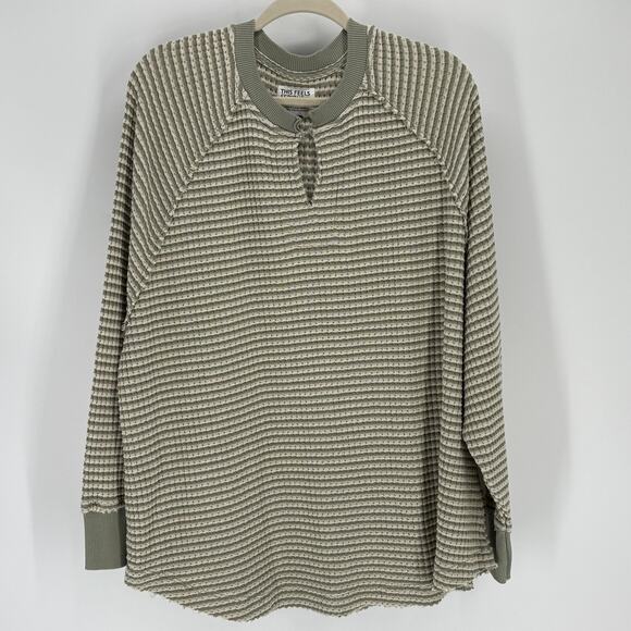 AE Big Hug Notch Neck Waffle Sweatshirt Women Large Green Striped American Eagle - Picture 1 of 8